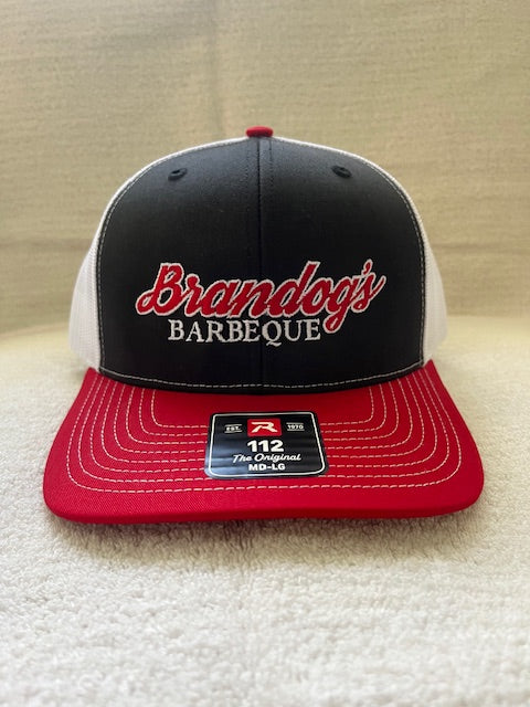 Brandog's Barbeque Richardson 112 Snapback Trucker Cap (Black, White & Red)